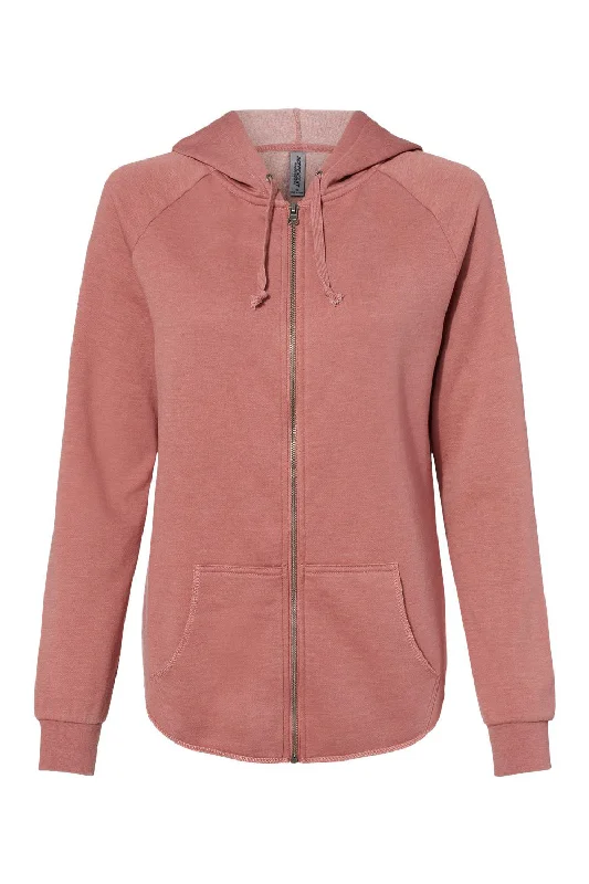 Independent Trading Co. Womens California Wave Wash Full Zip Hooded Sweatshirt Hoodie - Dusty Rose - NEW