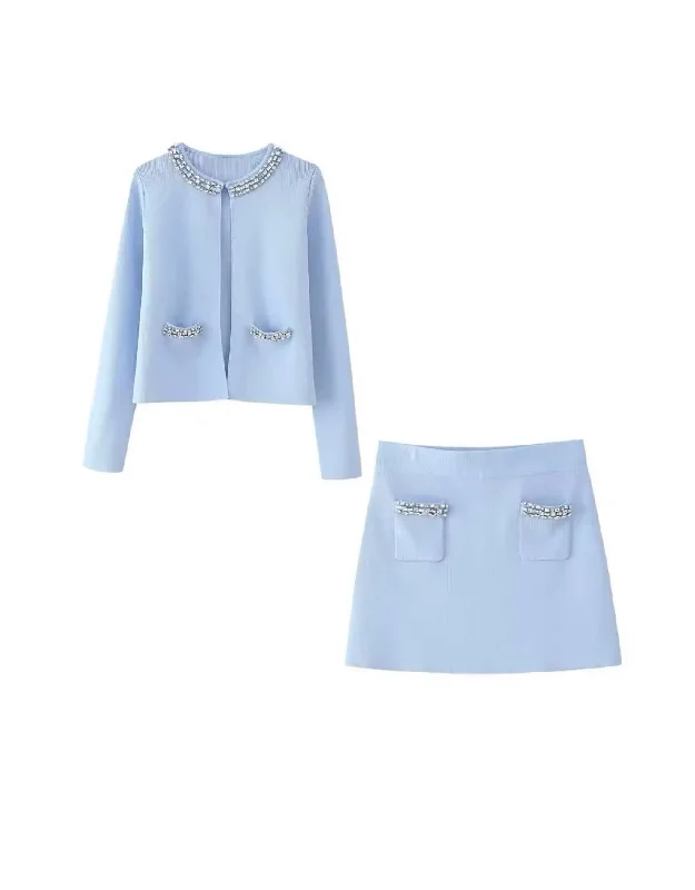 Light Blue Crystallized Knitted Skirt Cardigan Set