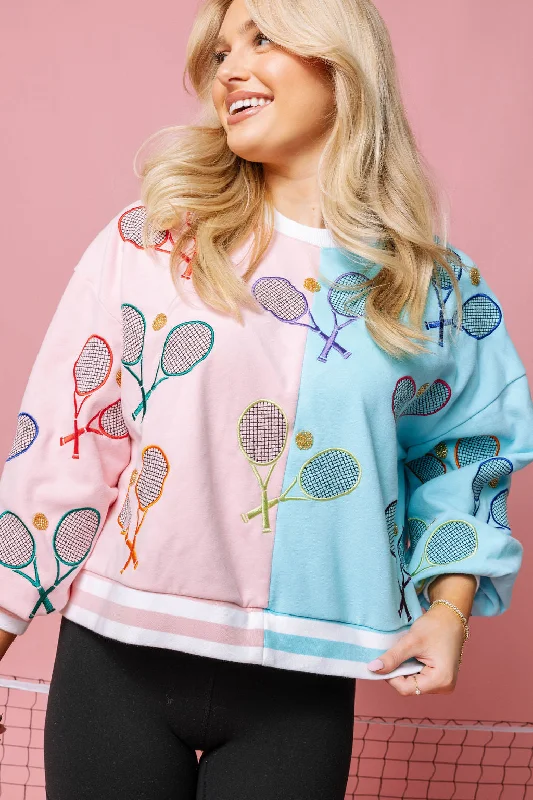 Light Pink & Blue Colorblock Tennis Sweatshirt