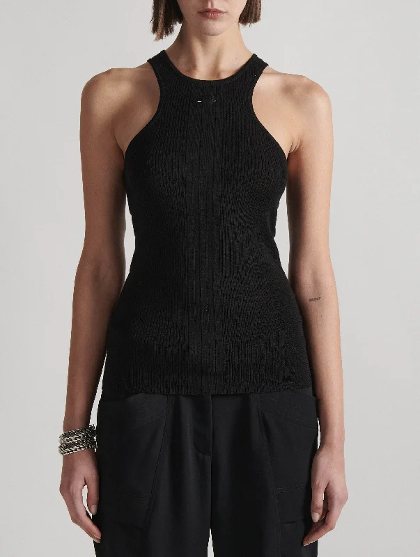 Low-cut tank top in black fine knit