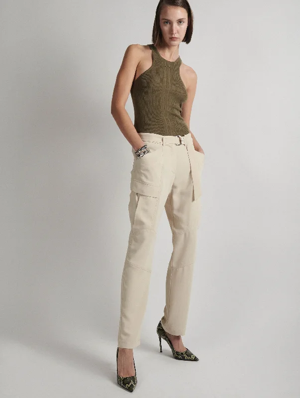 Low-cut tank top in khaki fine knit