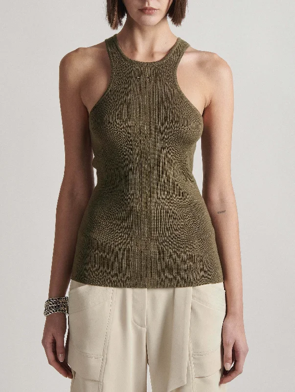 Low-cut tank top in khaki fine knit