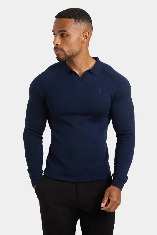 Merino Wool Buttonless Open Collar Polo Shirt in Navy