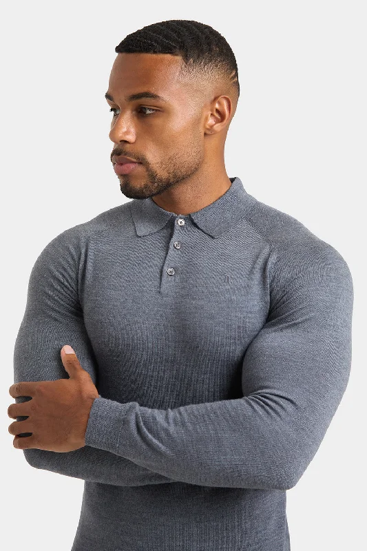 Merino Wool Polo Shirt in Mid Grey Marl