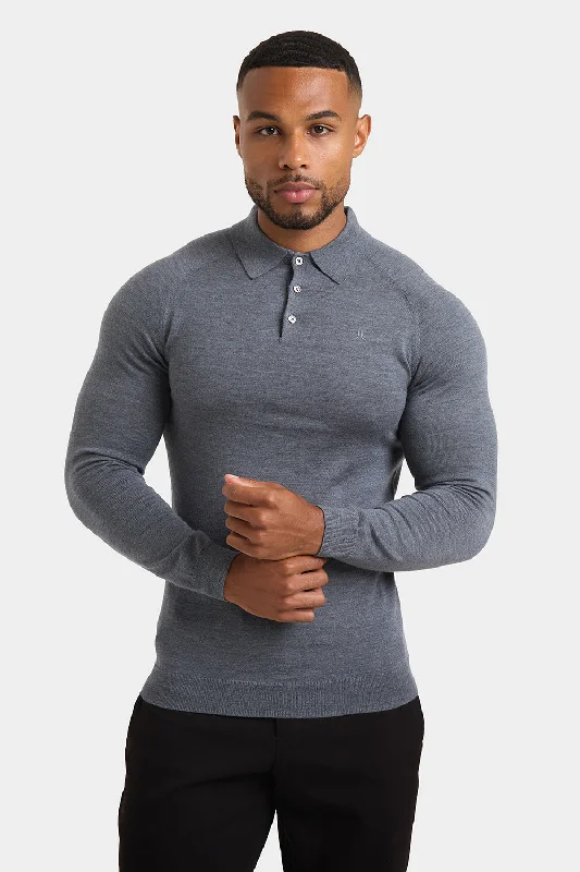 Merino Wool Polo Shirt in Mid Grey Marl