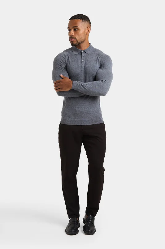 Merino Wool Polo Shirt in Mid Grey Marl