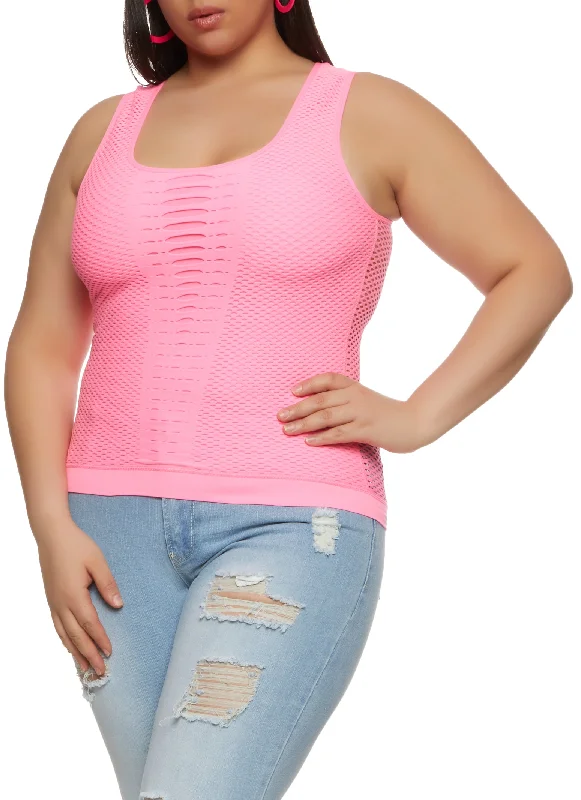 Plus Size Seamless Fishnet Detail Laser Cut Tank Top