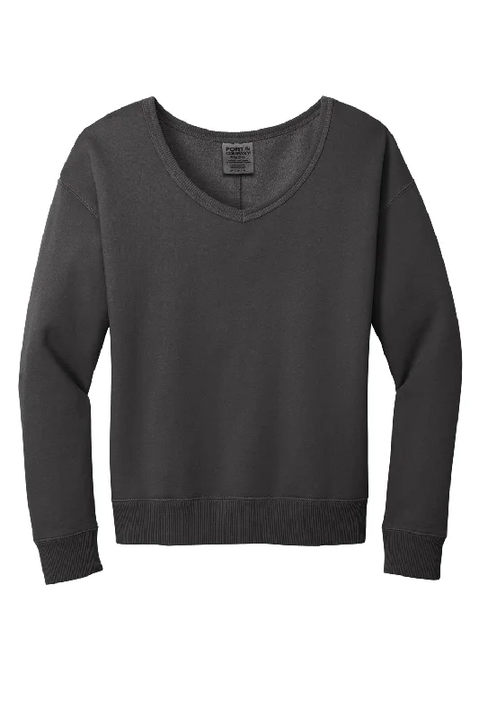 Port & Company Womens Beach Wash Garment Dyed V-Neck Sweatshirt - Coal Grey