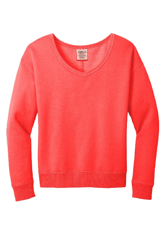 Port & Company Womens Beach Wash Garment Dyed V-Neck Sweatshirt - Poppy Red