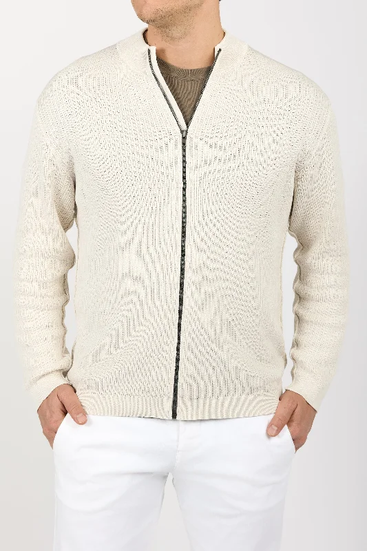 Ribbed Cotton Zip-Up Cardigan in Ice