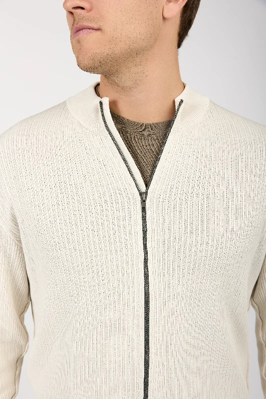 Ribbed Cotton Zip-Up Cardigan in Ice