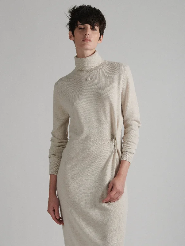 Sand merino knit turtleneck dress