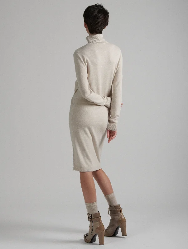 Sand merino knit turtleneck dress