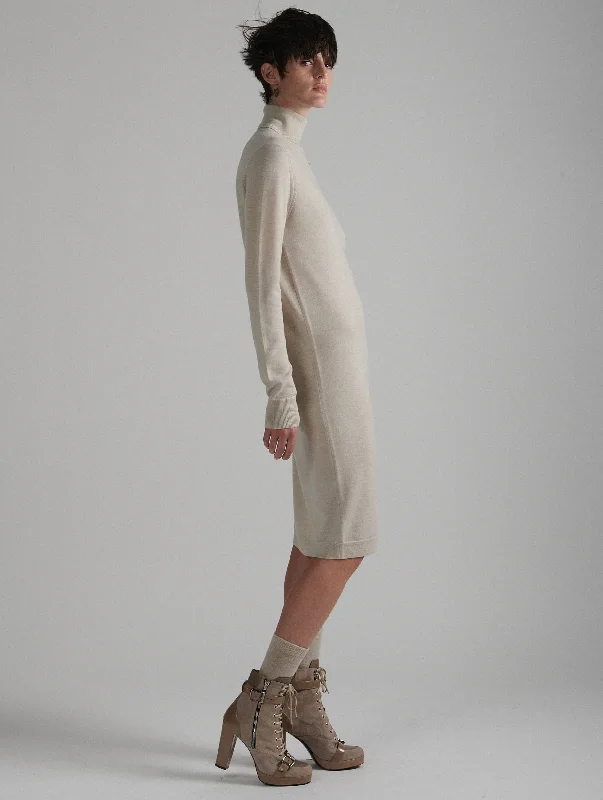 Sand merino knit turtleneck dress