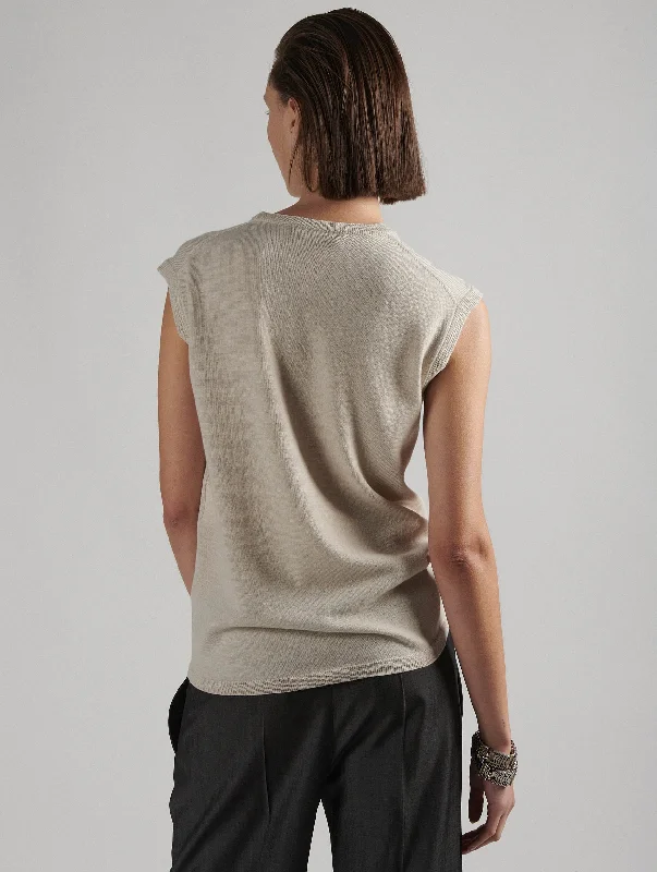 Sand sleeveless merino knit crew neck sweater