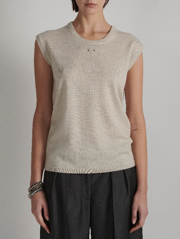 Sand sleeveless merino knit crew neck sweater