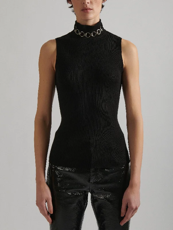 Sleeveless black turtleneck jewel neck sweater