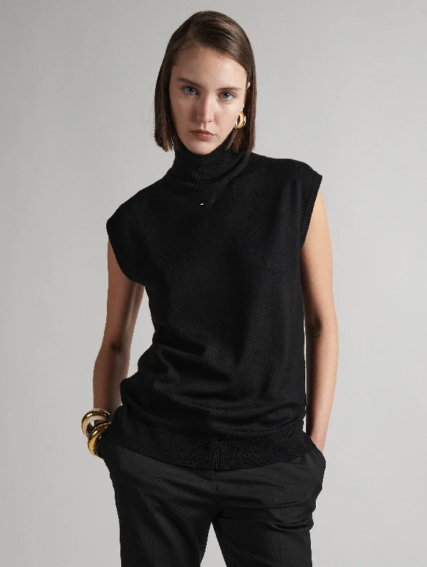 Sleeveless turtleneck sweater in black merino knit