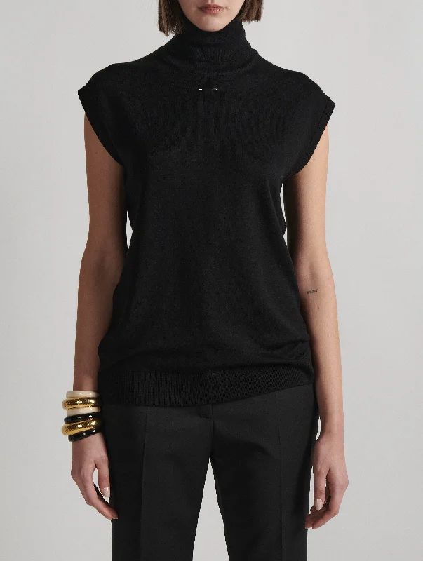 Sleeveless turtleneck sweater in black merino knit