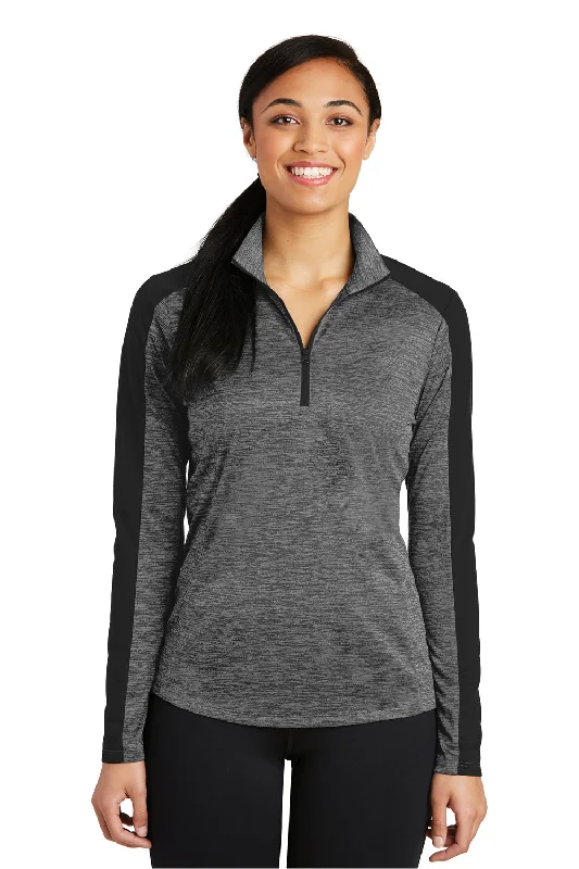 Sport-Tek Womens Electric Heather Moisture Wicking 1/4 Zip Sweatshirt - Grey Black Electric/Black