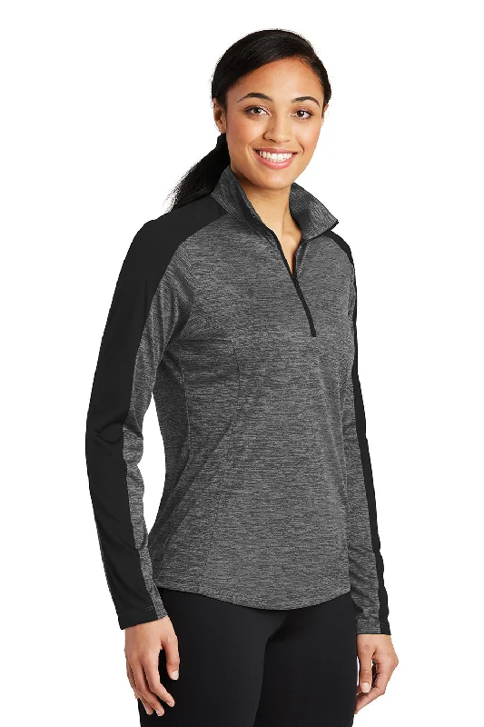 Sport-Tek Womens Electric Heather Moisture Wicking 1/4 Zip Sweatshirt - Grey Black Electric/Black