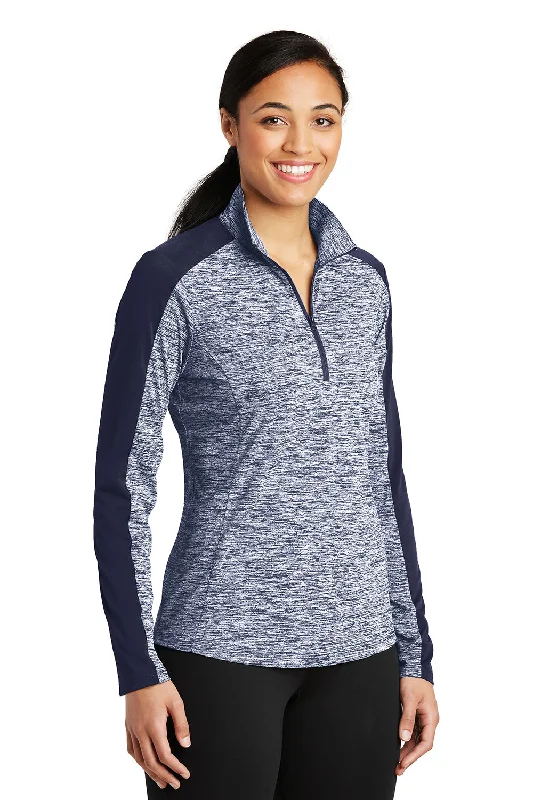 Sport-Tek Womens Electric Heather Moisture Wicking 1/4 Zip Sweatshirt - True Navy Blue Electric/True Navy Blue