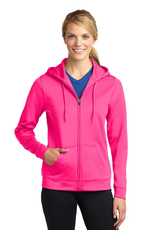 Sport-Tek Womens Sport-Wick Moisture Wicking Fleece Full Zip Hooded Sweatshirt Hoodie - Neon Pink - Closeout