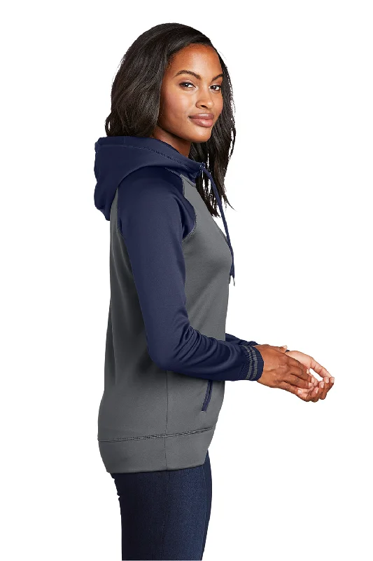 Sport-Tek Womens Sport-Wick Moisture Wicking Fleece Hooded Sweatshirt Hoodie - Dark Smoke Grey/Navy Blue