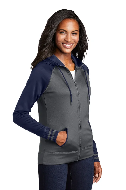 Sport-Tek Womens Sport-Wick Moisture Wicking Fleece Hooded Sweatshirt Hoodie - Dark Smoke Grey/Navy Blue