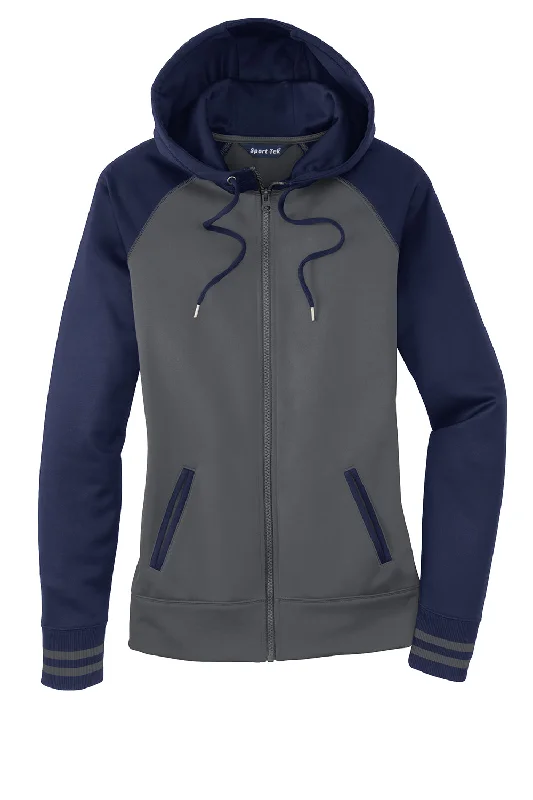 Sport-Tek Womens Sport-Wick Moisture Wicking Fleece Hooded Sweatshirt Hoodie - Dark Smoke Grey/Navy Blue