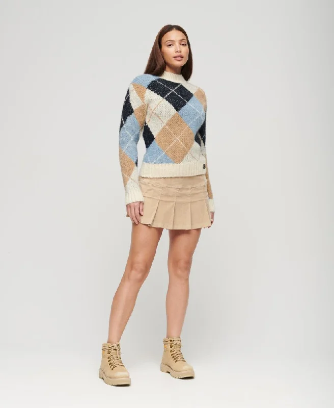 SUPERDRY BOXY PATTERN KNIT - Cream Argyle