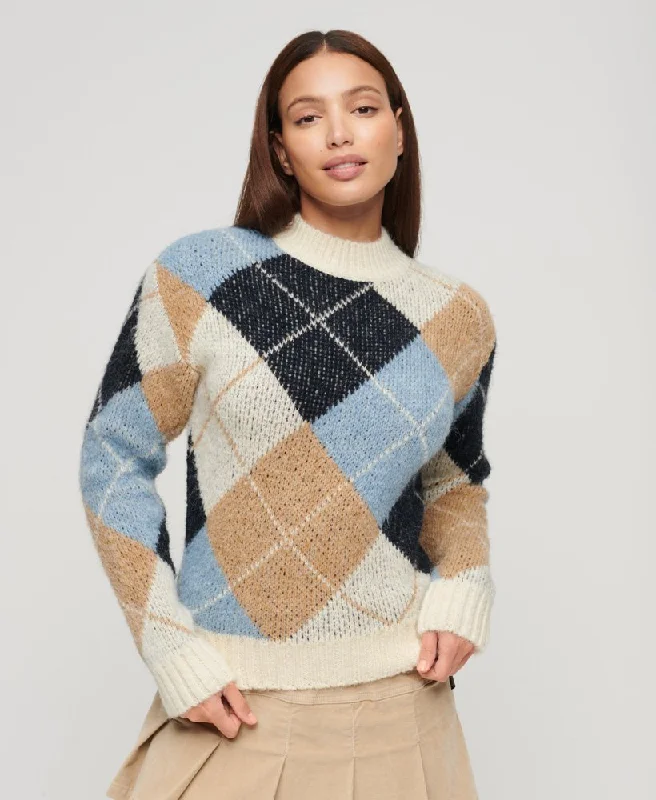 SUPERDRY BOXY PATTERN KNIT - Cream Argyle