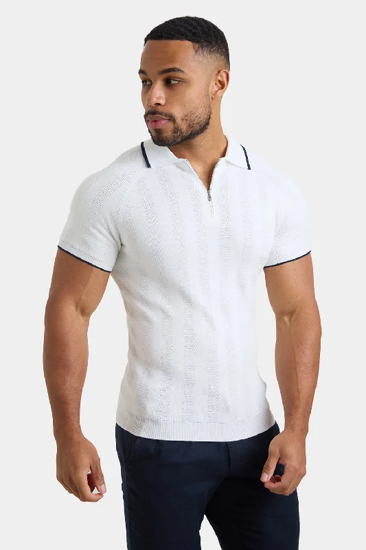 Textured Rib Zip Neck Knit Polo in Off White