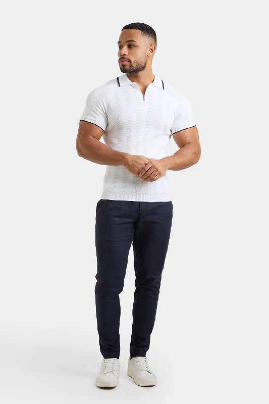 Textured Rib Zip Neck Knit Polo in Off White