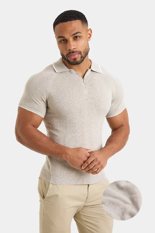 Textured Rib Zip Neck Knit Polo in Stone