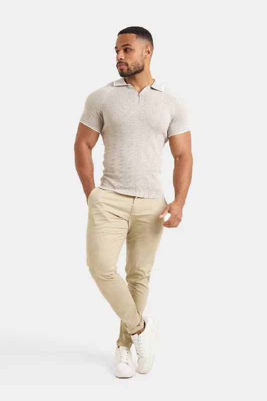 Textured Rib Zip Neck Knit Polo in Stone