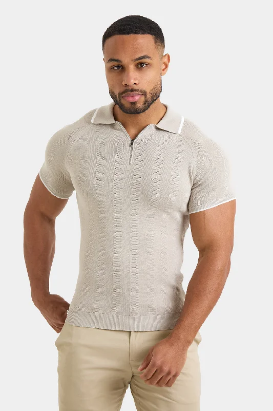 Textured Rib Zip Neck Knit Polo in Stone