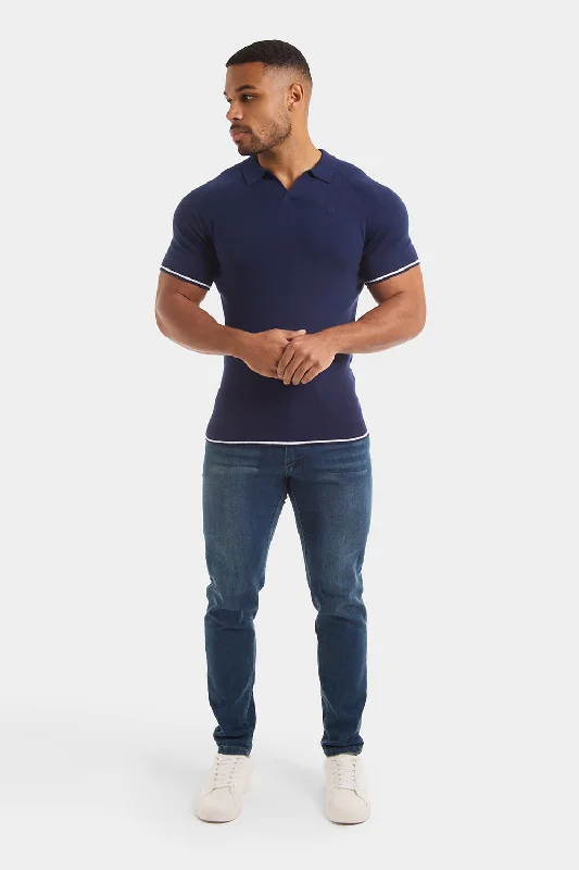 Tipped Buttonless Open Collar Polo in Navy/White