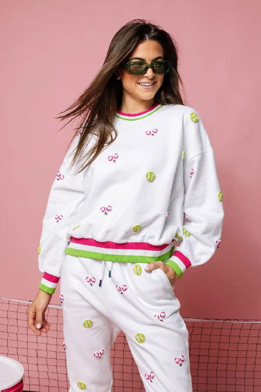 White Multi Beaded Scattered Tennis Sweatshirt