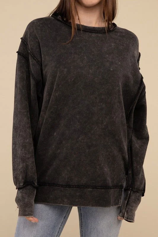 ZENANA Acid Wash French Terry Exposed-Seam Sweatshirt